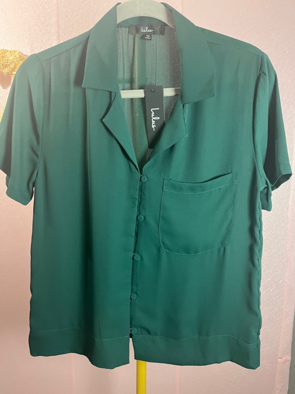 Lulu's Deep Emerald Green Short Sleeve Button Front Blouse
